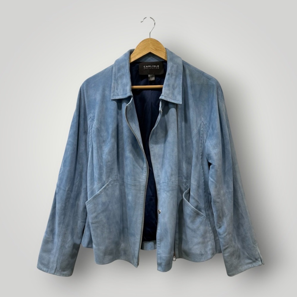 Carlisle Collection Light Blue 100% Lamb Suede Zip Up Jacket Womens 12 Turkey